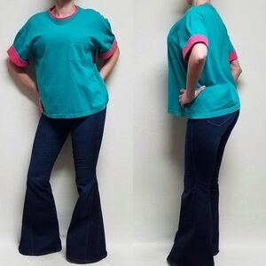 VINTAGE 90s Teal Hot Pink Oversized Boxy Cut Cuffed Short Sleeve Cropped Tee